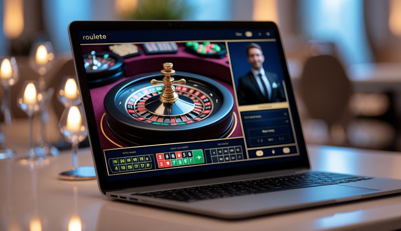 Seorang dealer live roulette terlihat di layar komputer dengan roda roulette dan opsi taruhan, menunjukkan suasana kasino online yang aman dan cepat.