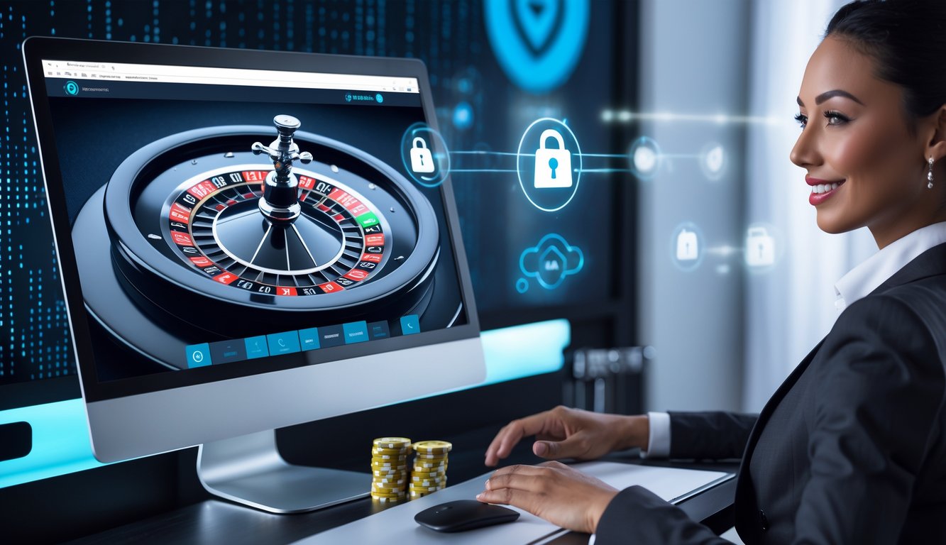 Seorang dealer live roulette online sedang berinteraksi di depan komputer dengan roda roulette digital, menunjukkan suasana permainan yang aman dan lancar.