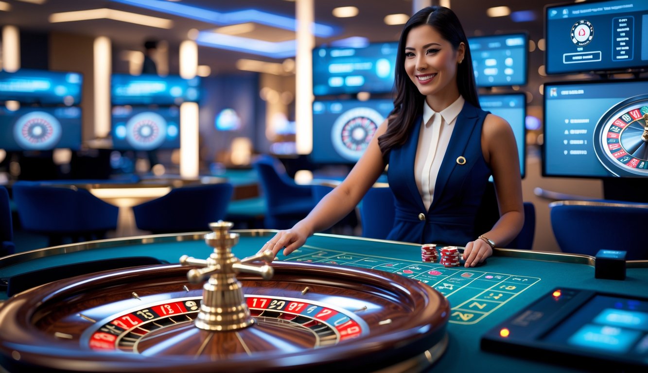 Seorang dealer wanita sedang memutar roda roulette di meja kasino dengan layar digital dan pencahayaan modern.