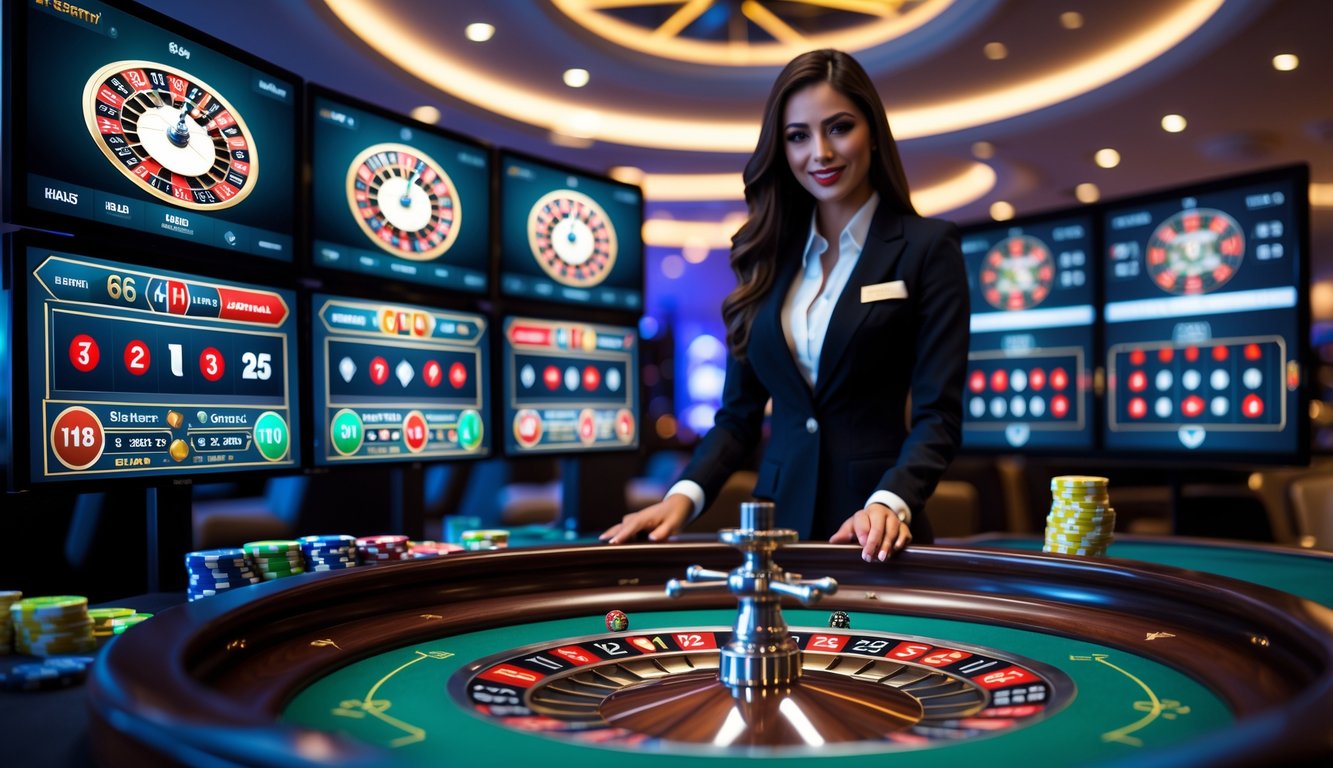Seorang dealer wanita sedang memutar roda roulette dengan layar streaming langsung di latar belakang.