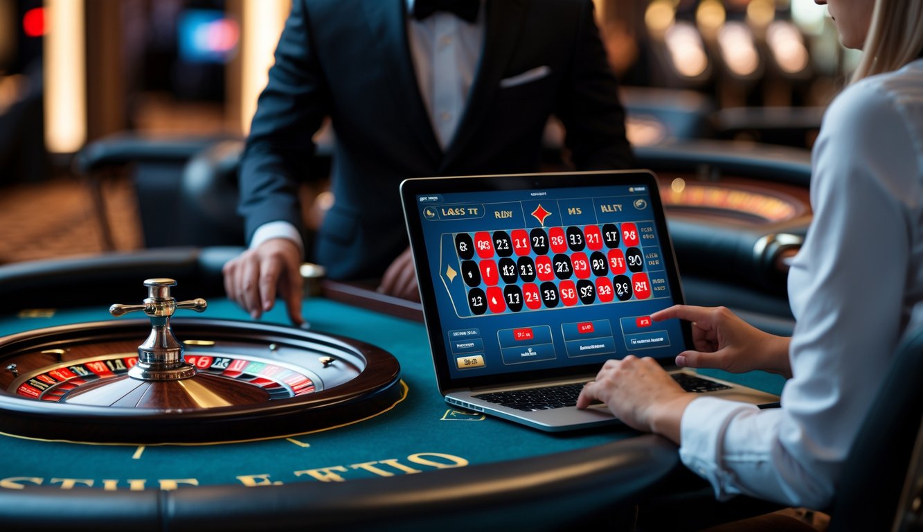 Seorang dealer kasino profesional sedang memutar roda roulette di meja kasino dengan seseorang menggunakan laptop untuk bermain roulette online secara langsung.
