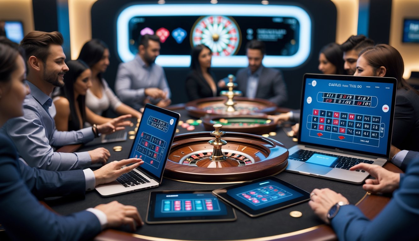 Orang-orang menggunakan perangkat digital untuk bermain roulette online dengan dealer langsung dalam suasana kasino modern.
