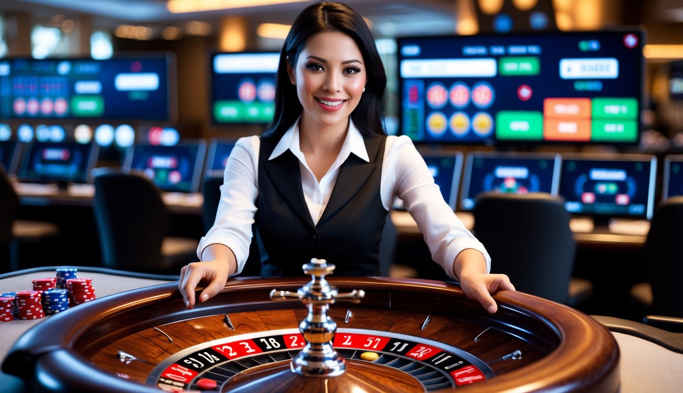 Seorang dealer wanita sedang memutar roda roulette di meja kasino dengan layar komputer di latar belakang yang menunjukkan tampilan taruhan online.