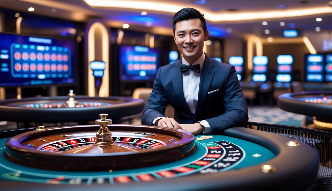 Seorang dealer profesional di meja roulette online dengan latar belakang kasino modern dan layar digital.