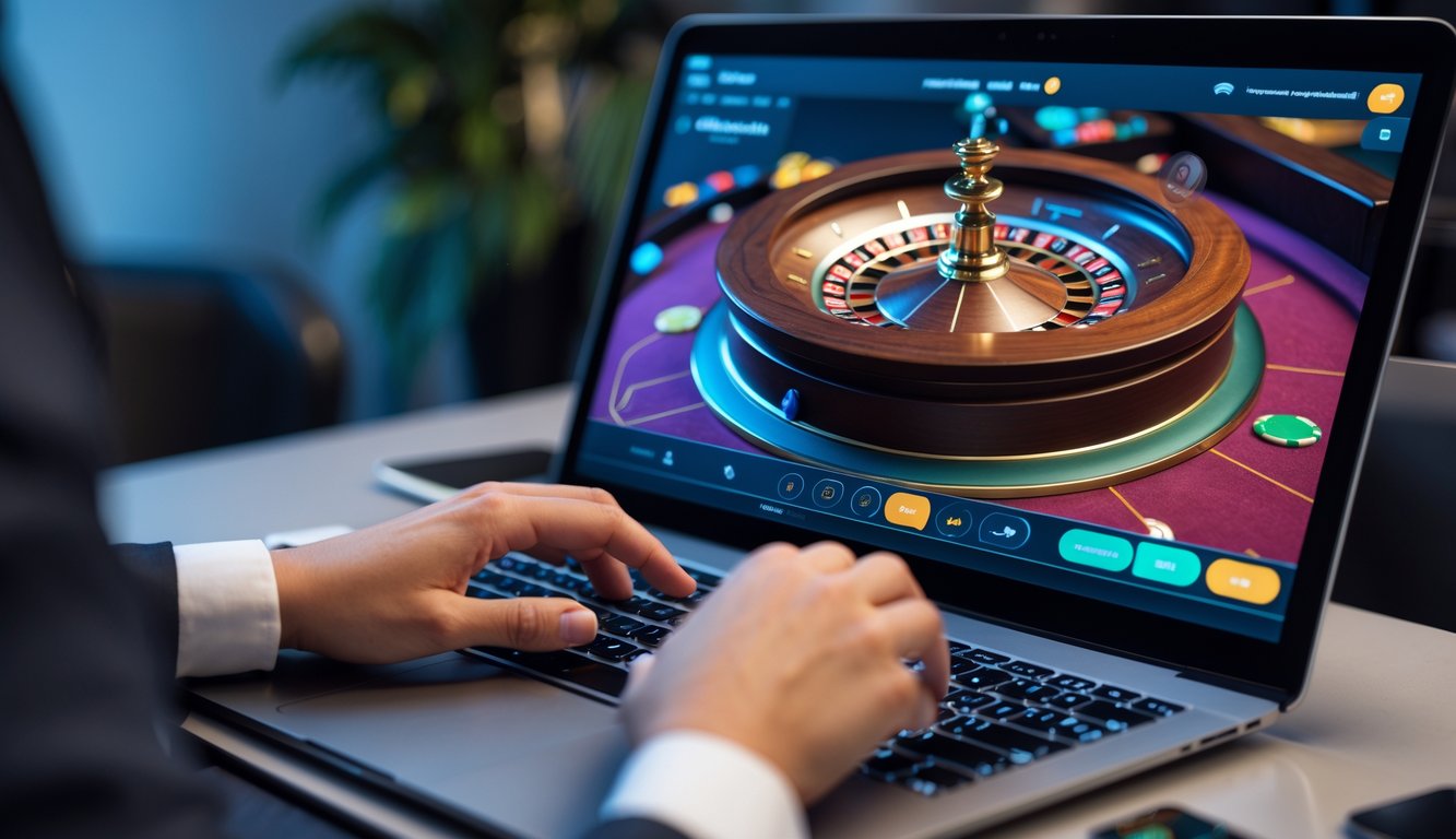 Seorang dealer profesional sedang mengelola permainan roulette online langsung di depan layar komputer dengan tangan pemain berinteraksi.