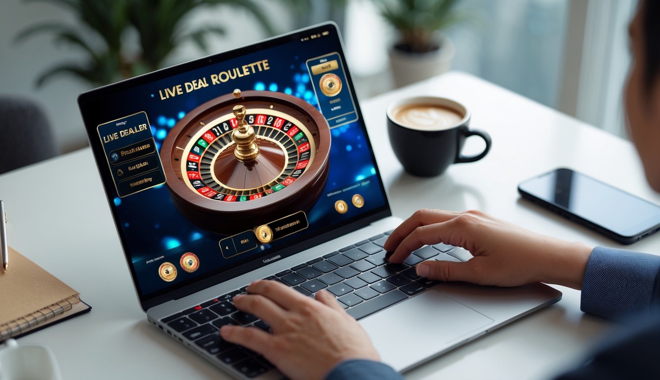 Seseorang menggunakan laptop untuk login ke permainan roulette live dealer online dengan latar meja kerja yang rapi.