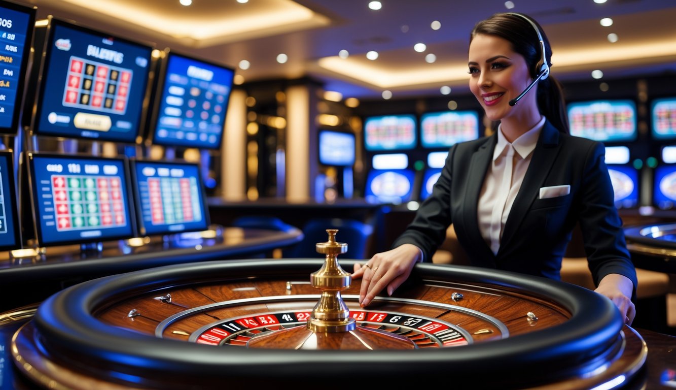Seorang dealer wanita yang ramah sedang memutar roda roulette di meja kasino dengan layar menampilkan permainan kasino langsung di latar belakang.