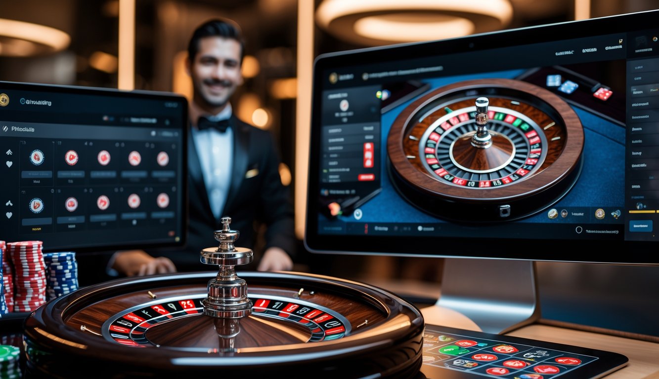Seorang dealer langsung di belakang meja roulette online dengan layar komputer yang menampilkan permainan kasino langsung.