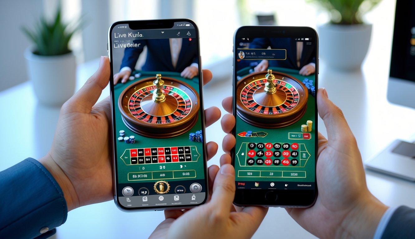 Dua tangan memegang ponsel Android dan iPhone yang menampilkan permainan roulette langsung dengan dealer hidup di layar.