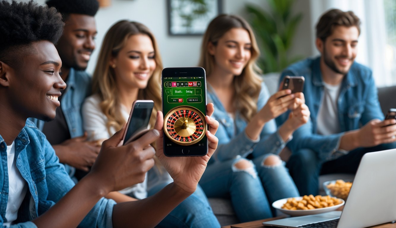 Beberapa orang muda menggunakan ponsel Android dan iPhone untuk bermain roulette dealer langsung secara online di ruang tamu yang nyaman.
