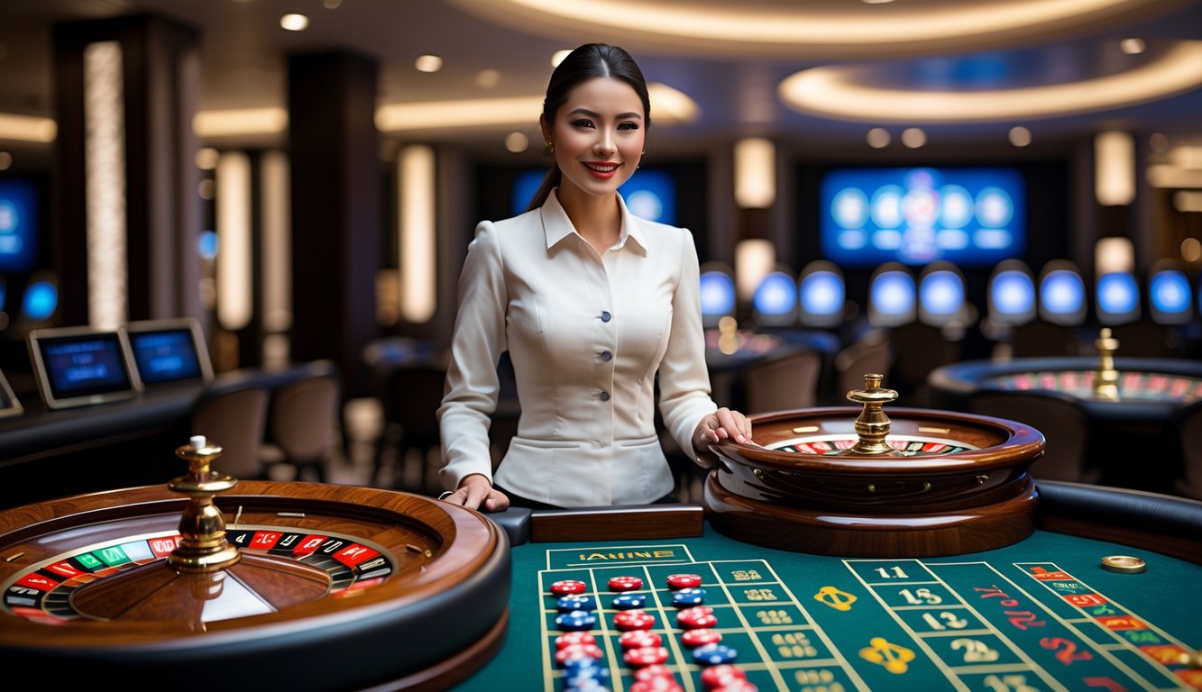 Seorang dealer wanita berdiri di belakang meja roulette dengan roda roulette yang sedang berputar di sebuah lingkungan kasino modern.