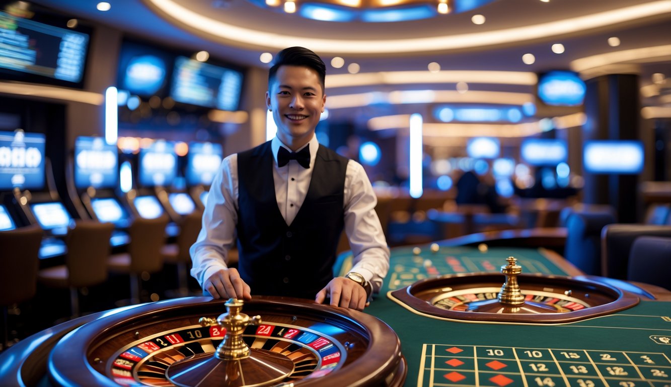 Seorang dealer profesional duduk di meja roulette dengan roda roulette yang sedang berputar dalam suasana kasino modern.
