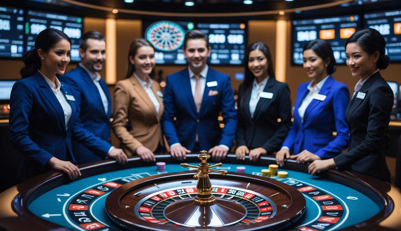 Meja roulette dengan dealer profesional dan pemain bermain roulette secara langsung dalam suasana kasino modern.