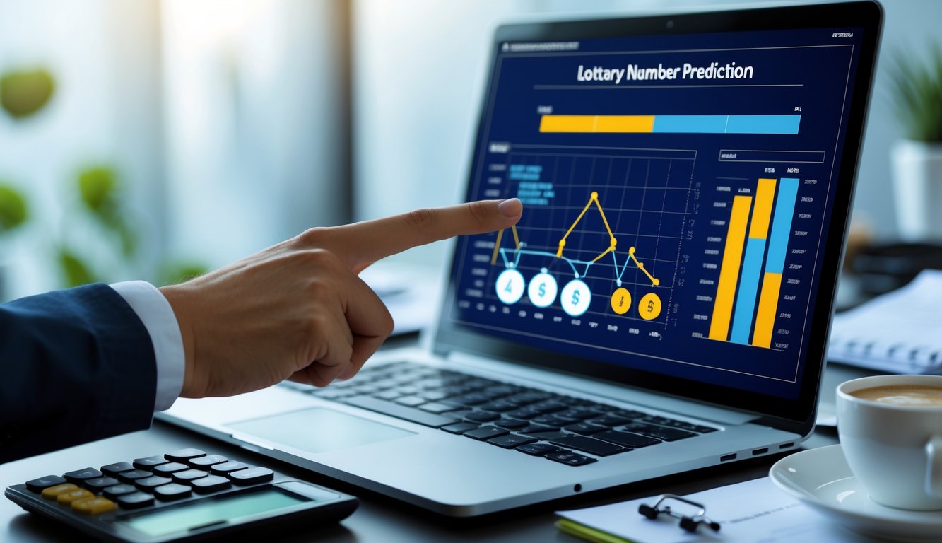 Meja kerja dengan laptop menampilkan grafik dan tangan menunjuk layar, dikelilingi catatan dan alat tulis.