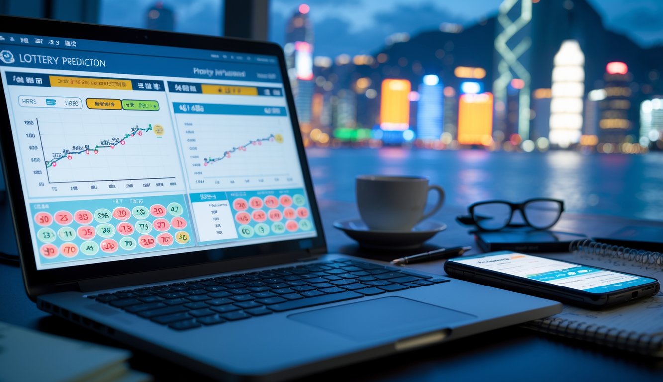 Sebuah meja kerja dengan laptop, catatan, dan ponsel yang menampilkan data angka togel dengan latar belakang pemandangan kota Hong Kong malam hari.