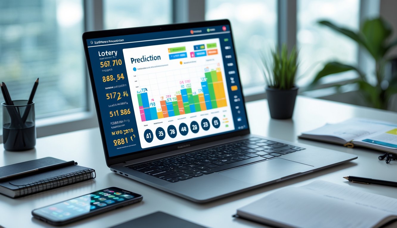 Meja kerja modern dengan laptop yang menampilkan grafik dan angka prediksi togel, dikelilingi oleh buku catatan dan ponsel.
