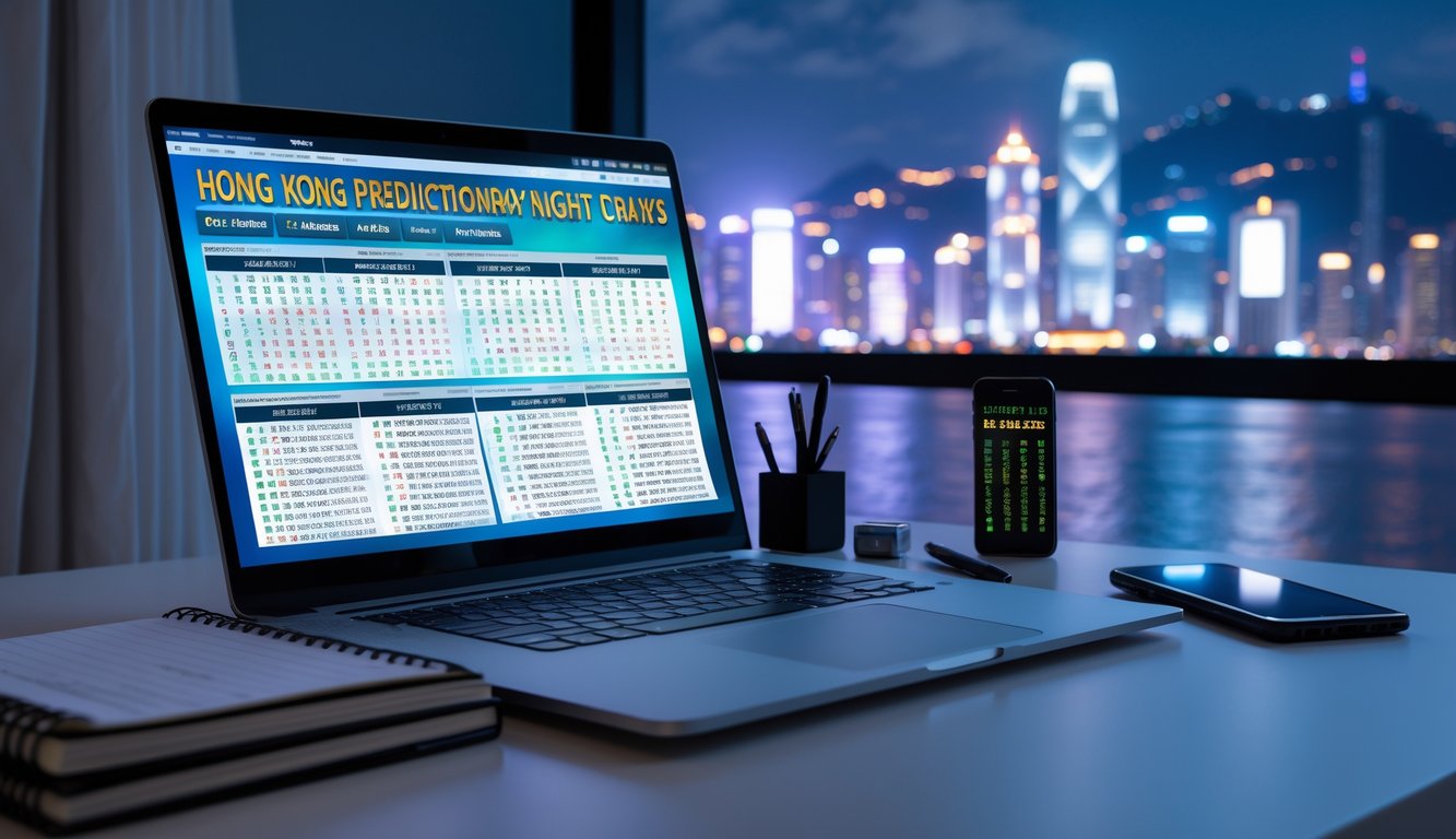 Meja kerja dengan laptop, buku catatan, dan ponsel yang menampilkan data prediksi togel malam hari di suasana kota Hong Kong pada malam hari.