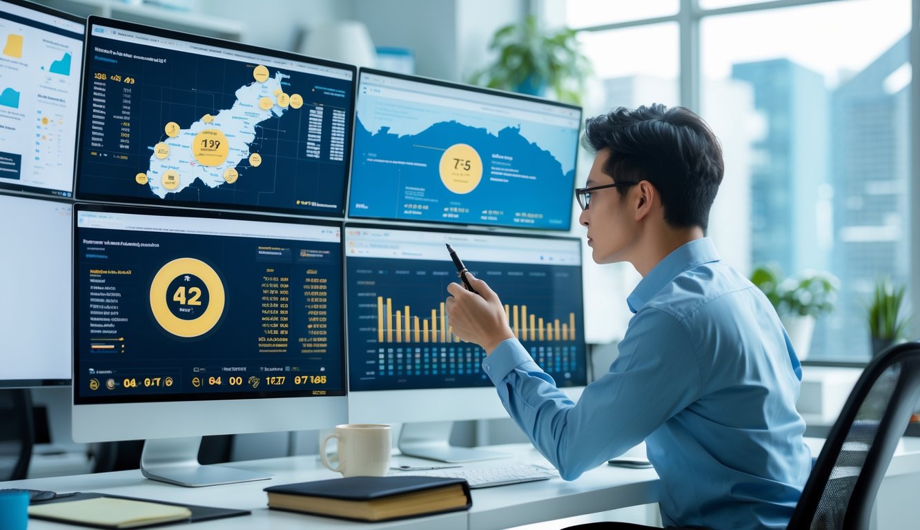 Seorang profesional sedang menganalisis data keluaran togel Hongkong malam ini di ruang kantor modern dengan beberapa layar komputer menampilkan grafik dan tabel statistik.