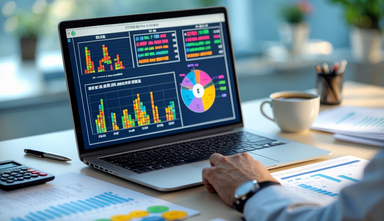 Meja kerja dengan laptop yang menampilkan grafik dan data prediksi togel, dokumen dan kalkulator di sekitarnya.