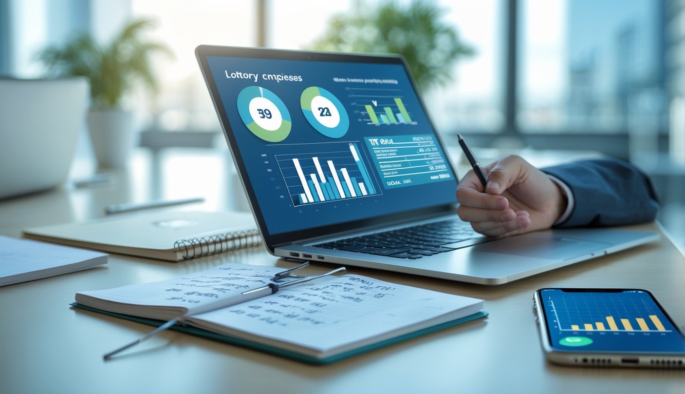 Meja kerja modern dengan laptop, buku catatan, pena, dan smartphone yang menampilkan grafik dan angka.