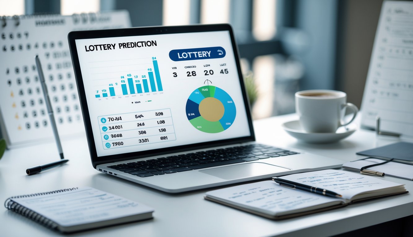 Meja kerja modern dengan laptop, buku catatan, pena, dan ponsel yang menampilkan data tentang prediksi togel.