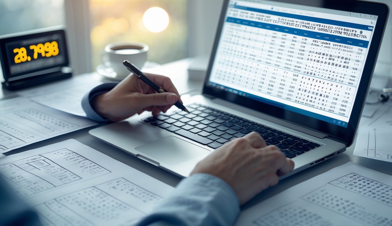 Sebuah meja kerja modern dengan laptop yang menampilkan data angka, kertas berisi perhitungan, dan tangan seseorang yang sedang menganalisis data di malam hari.