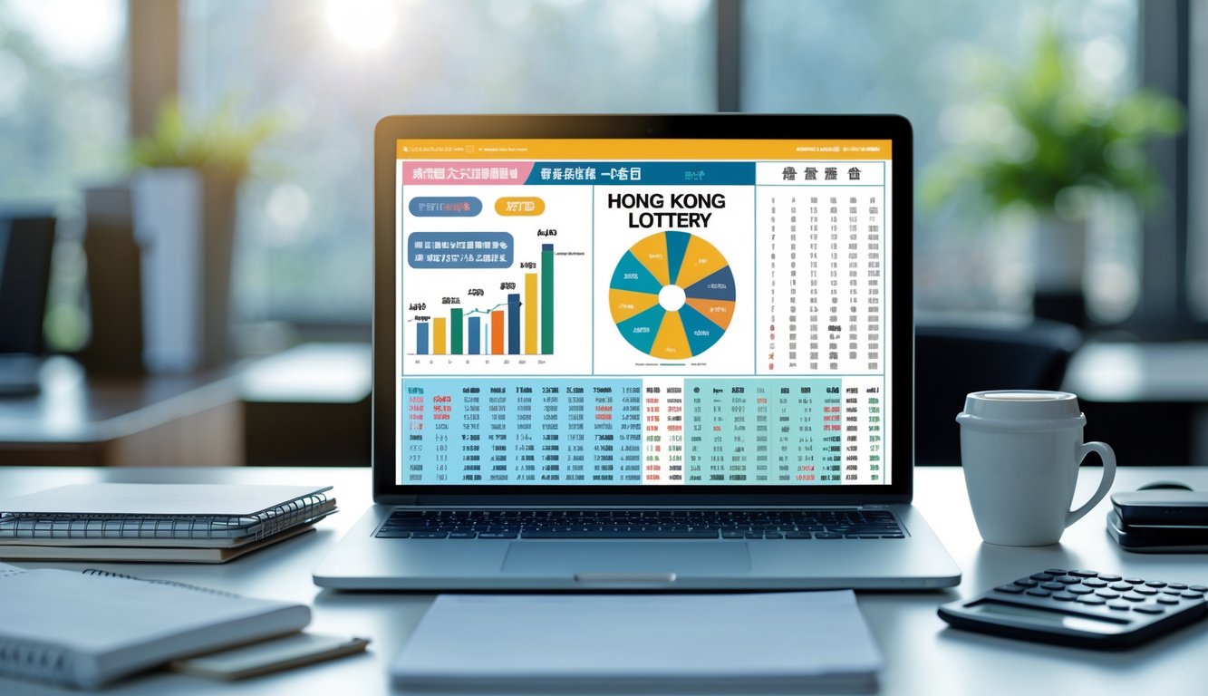 Meja kerja modern dengan laptop yang menampilkan grafik dan angka prediksi togel, dikelilingi alat tulis dan kopi.