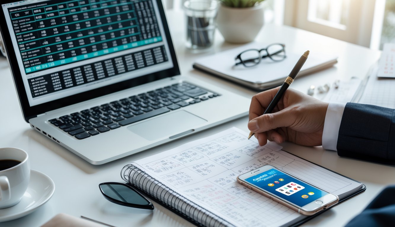 Meja kerja dengan laptop, catatan tulisan tangan, dan ponsel yang menampilkan angka prediksi togel Hongkong.