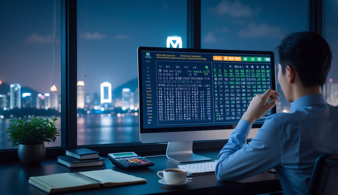 Seorang pria duduk di depan komputer di ruang kerja modern dengan pemandangan kota malam hari, sedang menganalisis data angka togel dengan alat tulis dan kalkulator di meja.