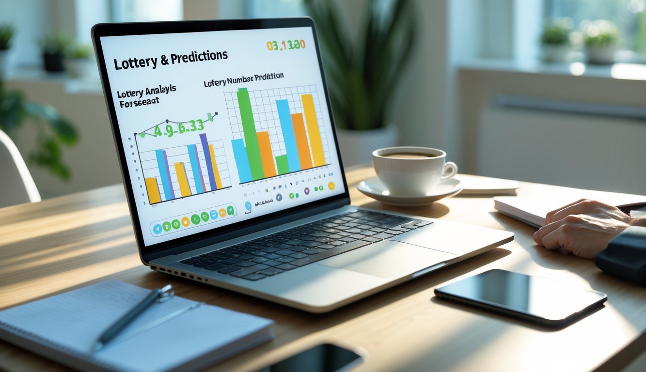 Sebuah ruang kerja modern dengan laptop, buku catatan, dan alat tulis di atas meja kayu, menunjukkan suasana analisis data dan prediksi angka.