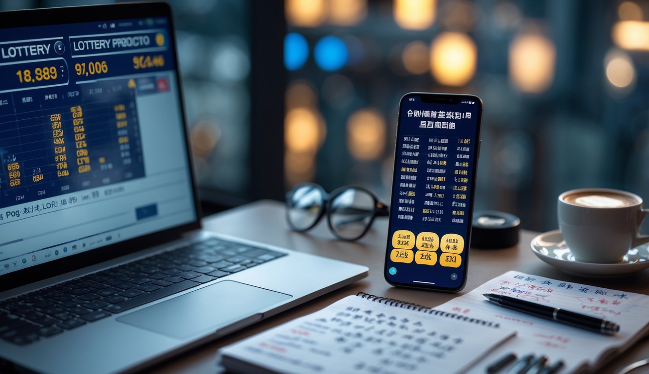 Meja kerja dengan laptop, smartphone, dan catatan yang menunjukkan aktivitas prediksi angka togel Hongkong malam ini.