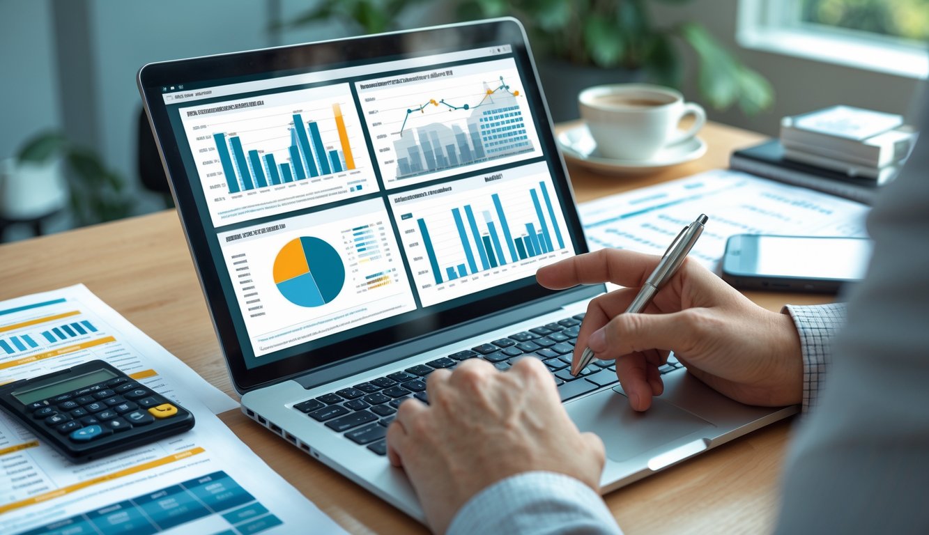 Meja kerja dengan laptop menampilkan grafik statistik, tangan memegang pena menunjuk ke layar, di sekitar terdapat kalkulator dan cangkir kopi.