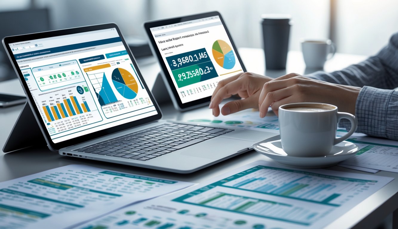 Meja kerja dengan perangkat digital yang menampilkan grafik dan data statistik, tangan seseorang sedang berinteraksi dengan layar sentuh, dikelilingi oleh lembaran kertas berisi tabel dan rumus matematika.