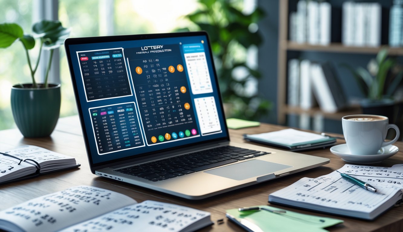 Meja kerja modern dengan laptop, smartphone, buku catatan berisi angka, dan secangkir kopi di ruangan yang terang dan rapi.