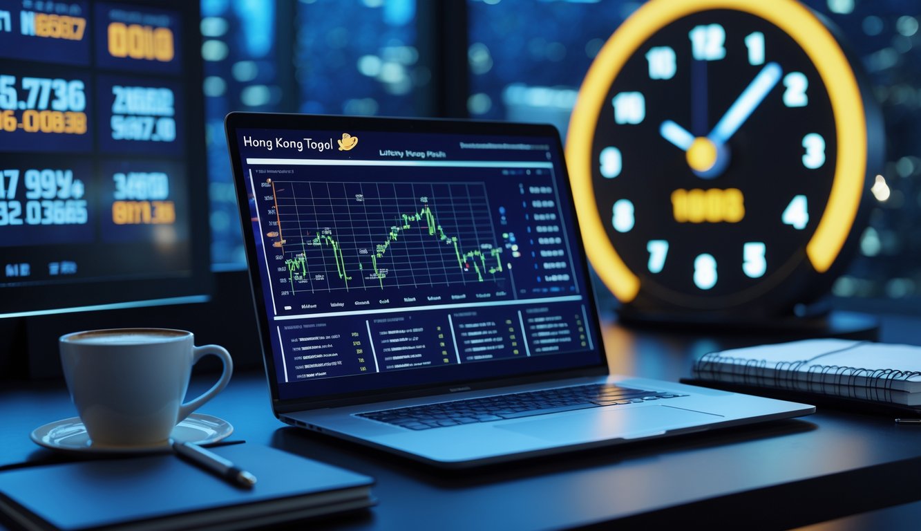 Meja kerja dengan laptop menampilkan grafik dan angka, buku catatan, pena, dan secangkir kopi di ruangan dengan jam digital menunjukkan waktu malam.