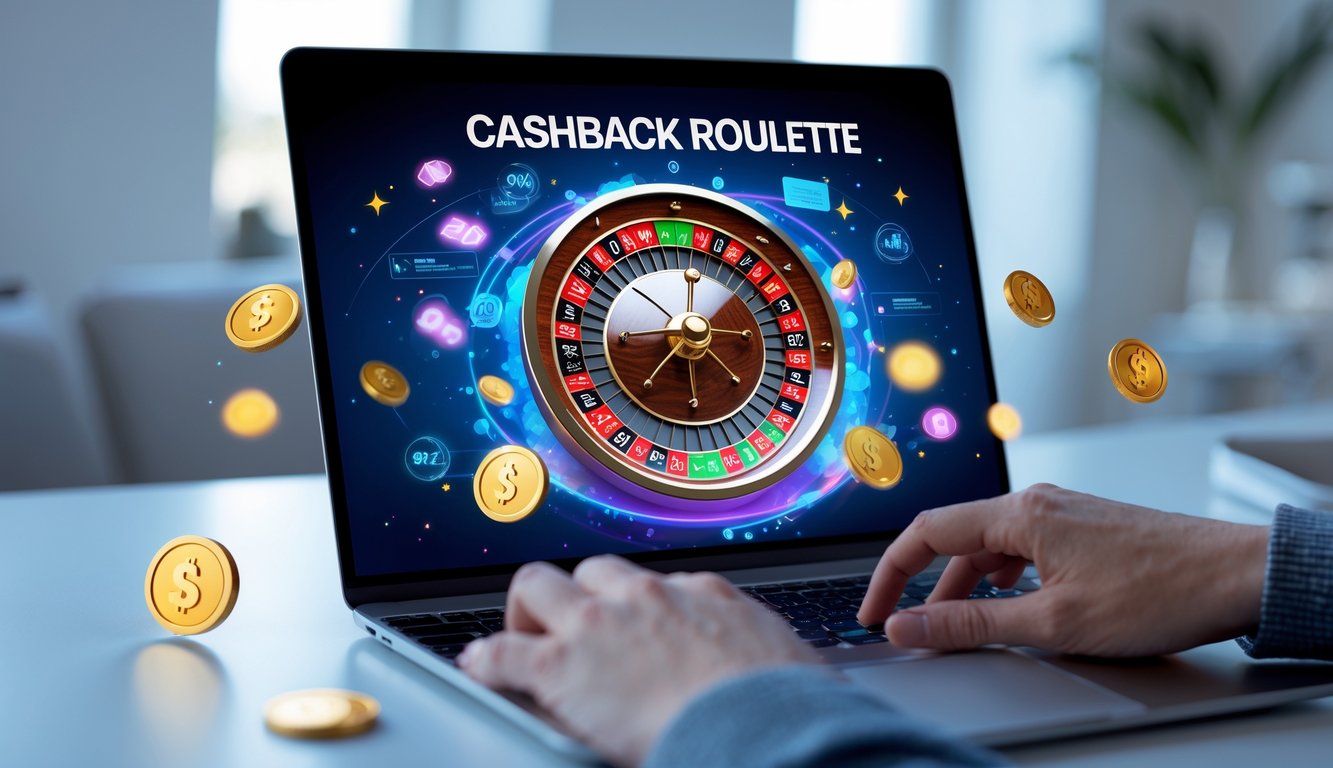 Seseorang menggunakan laptop dengan tampilan roda roulette digital dan simbol cashback di layar, di lingkungan rumah atau kantor yang terang.