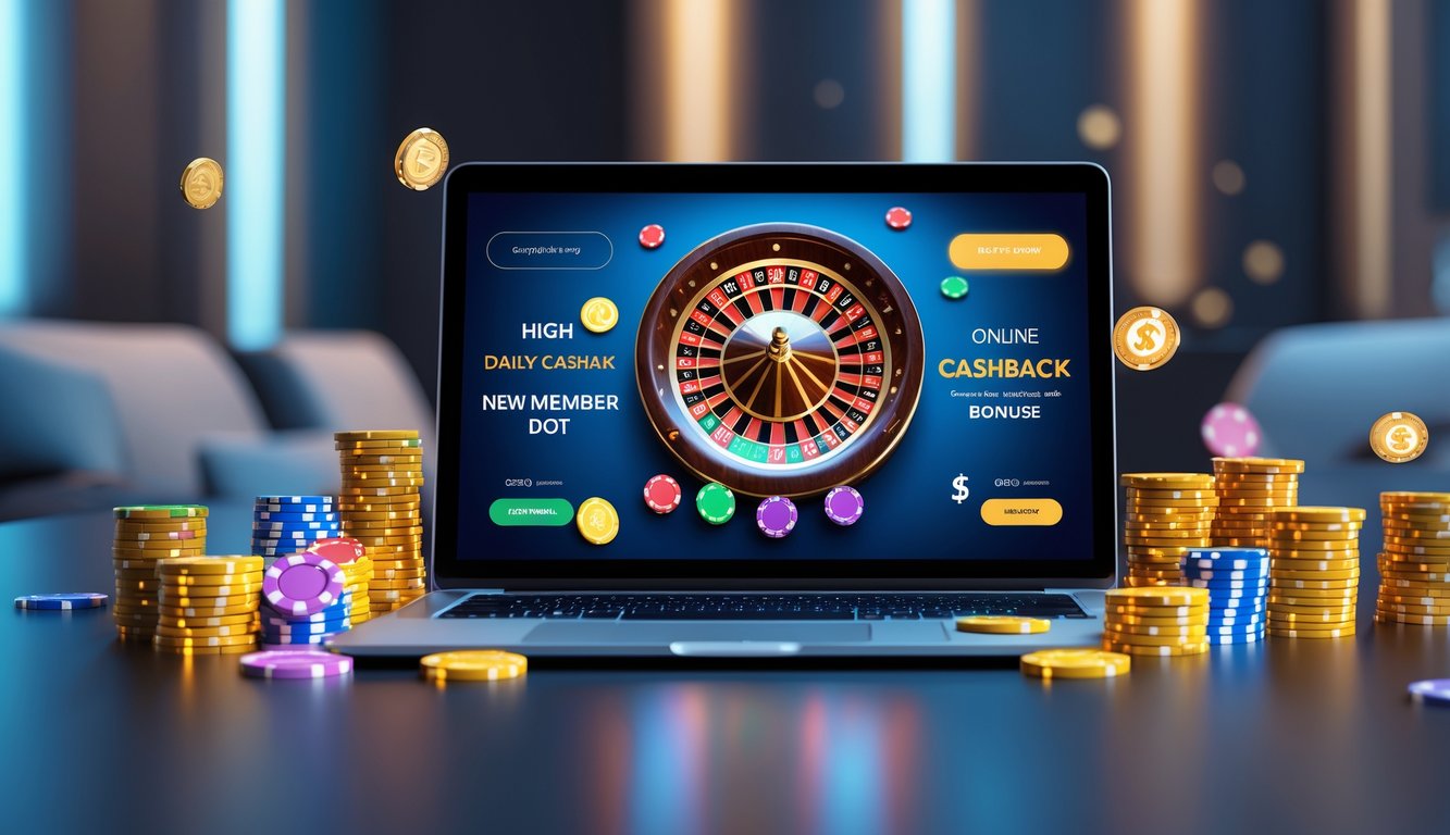 Sebuah meja dengan komputer yang menampilkan roda roulette dan chip taruhan, dikelilingi oleh koin dan simbol cashback, menggambarkan suasana kasino online.