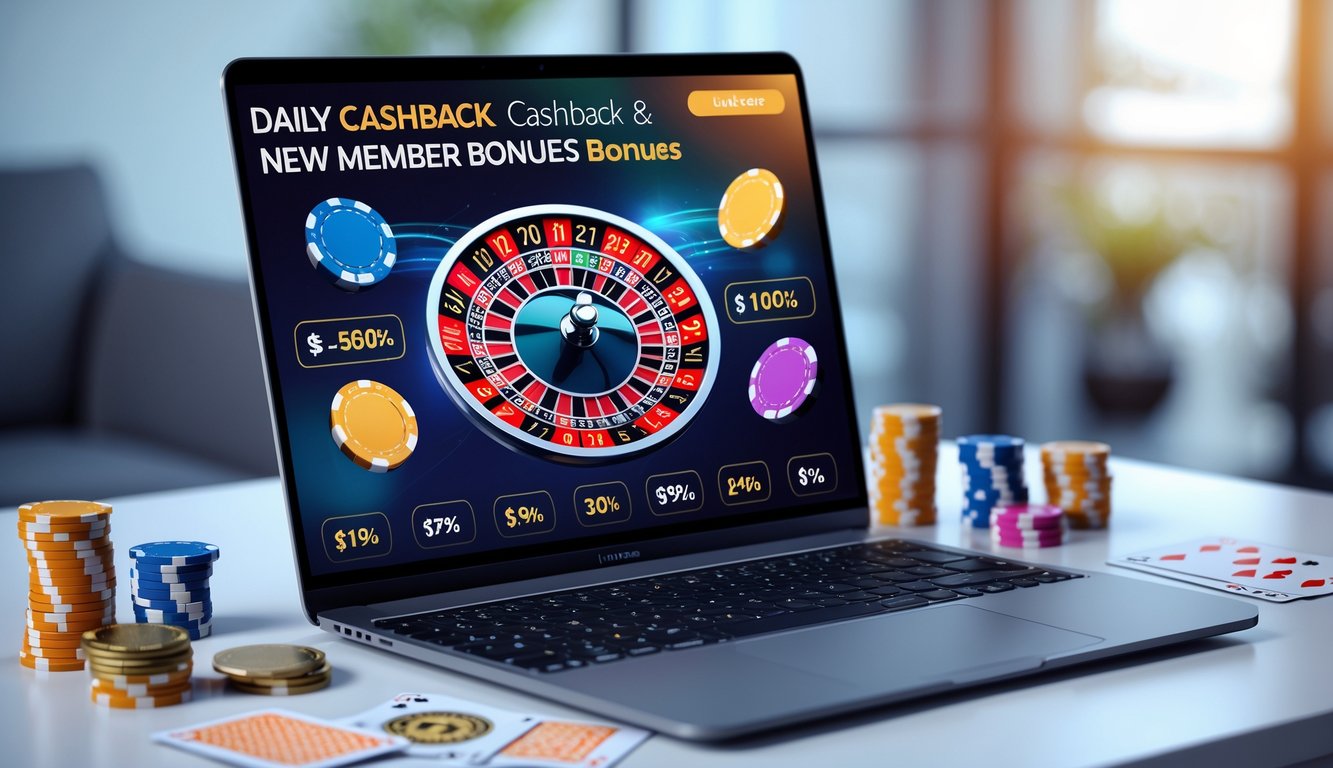 Sebuah meja dengan komputer menampilkan permainan roulette online, dikelilingi oleh chip poker dan kartu, menunjukkan suasana permainan kasino online dengan bonus dan cashback.