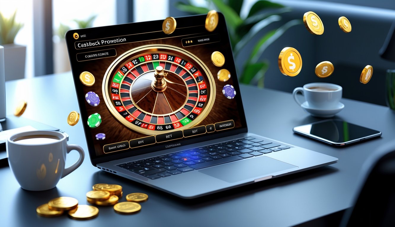 Seorang pengguna sedang bermain roulette online di laptop dengan chip dan koin digital di meja kerja yang rapi.