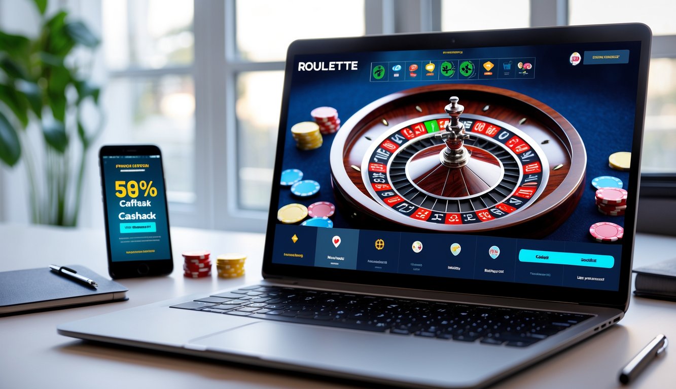 Sebuah meja kerja dengan komputer yang menampilkan permainan roulette online dan beberapa chip warna-warni di sekitarnya.