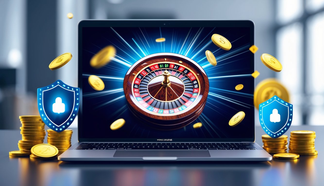 Layar laptop menampilkan permainan roulette online dengan roda roulette yang berputar, dikelilingi oleh tumpukan uang dan koin digital serta ikon perisai yang melambangkan keamanan.