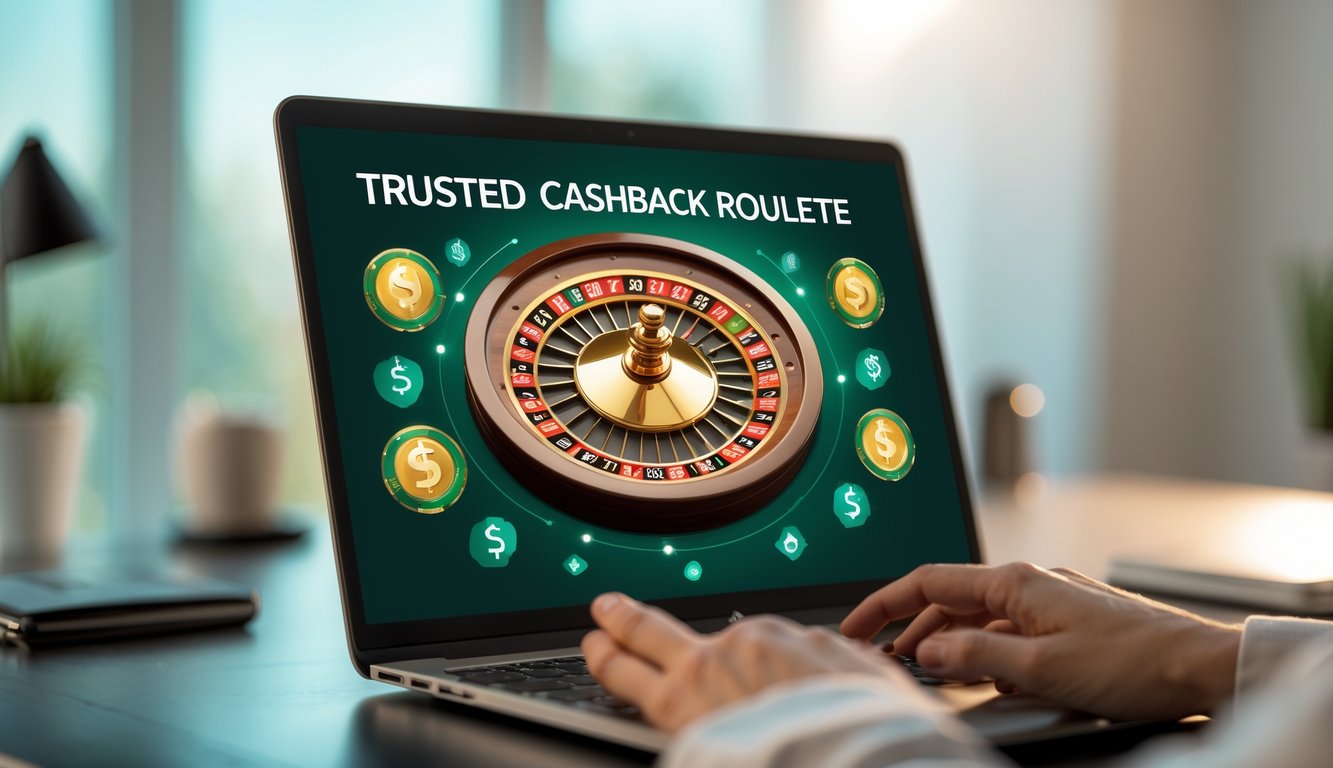 Seseorang menggunakan komputer dengan tampilan roda roulette online yang berputar, menunjukkan suasana permainan judi online terpercaya dengan simbol uang dan persentase cashback.