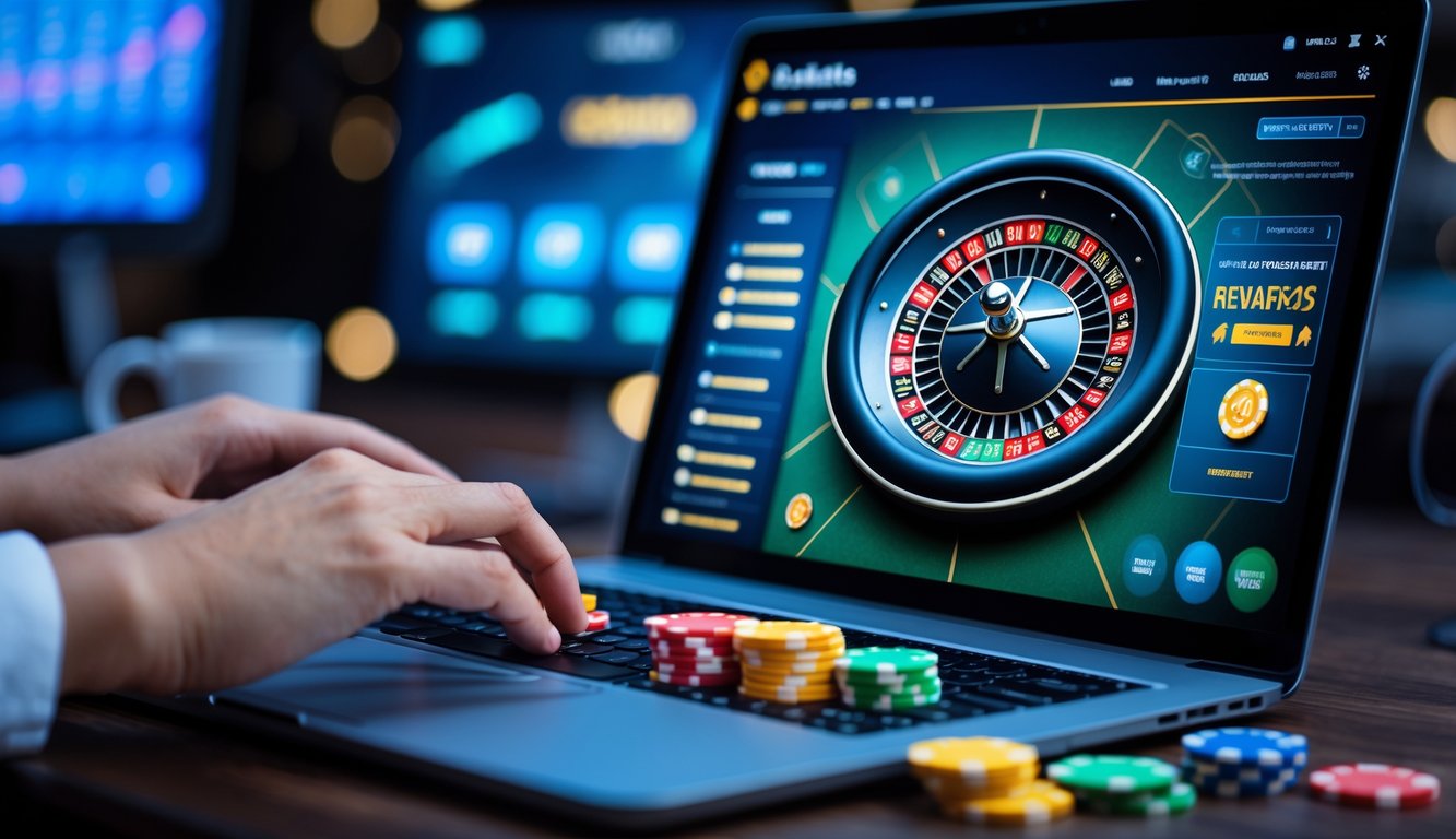 Seseorang bermain roulette online dengan layar komputer menampilkan roda roulette dan chip warna-warni.