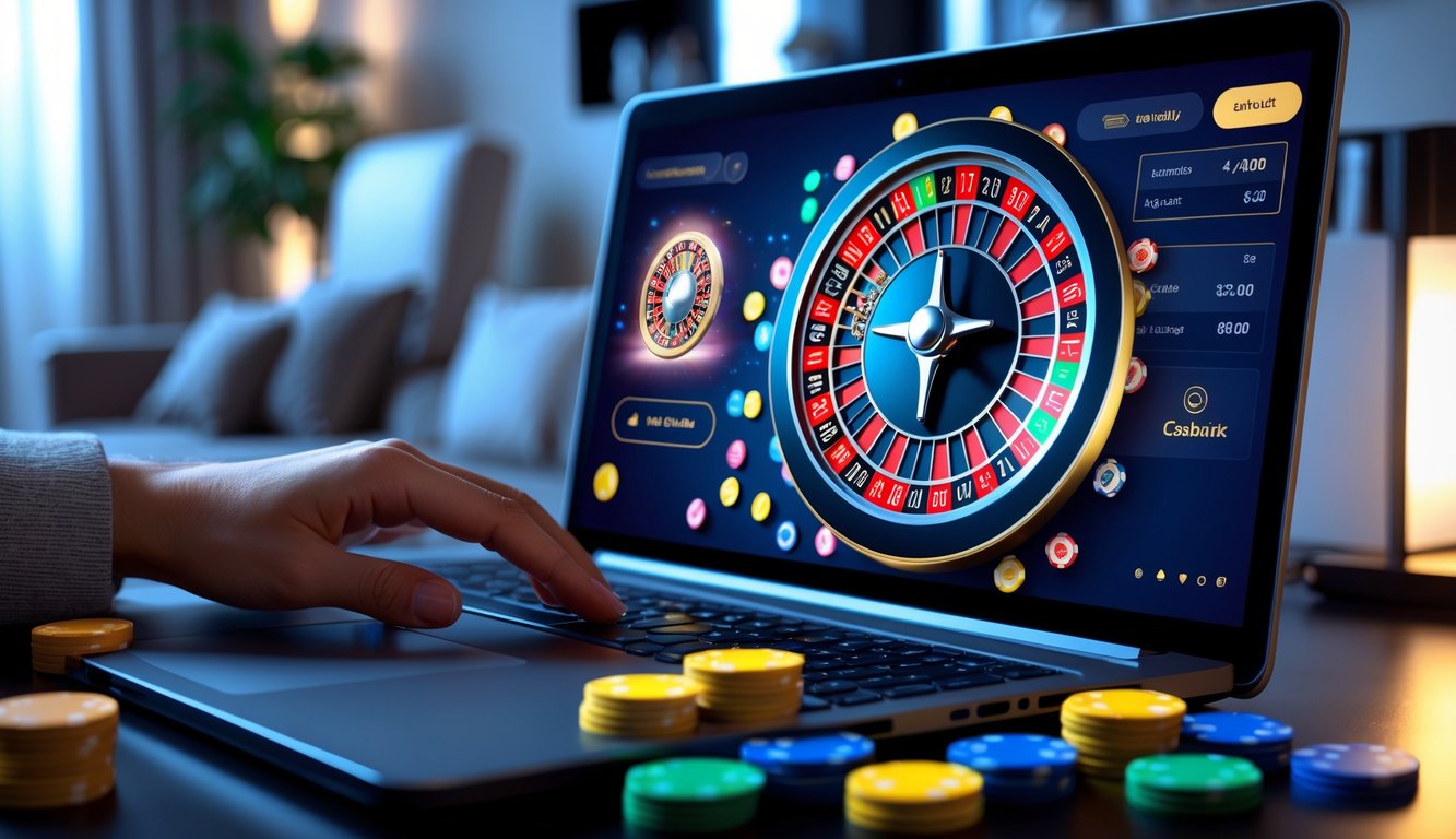 Seseorang bermain roulette online dengan komputer menampilkan roda roulette berputar dan chip warna-warni di layar.