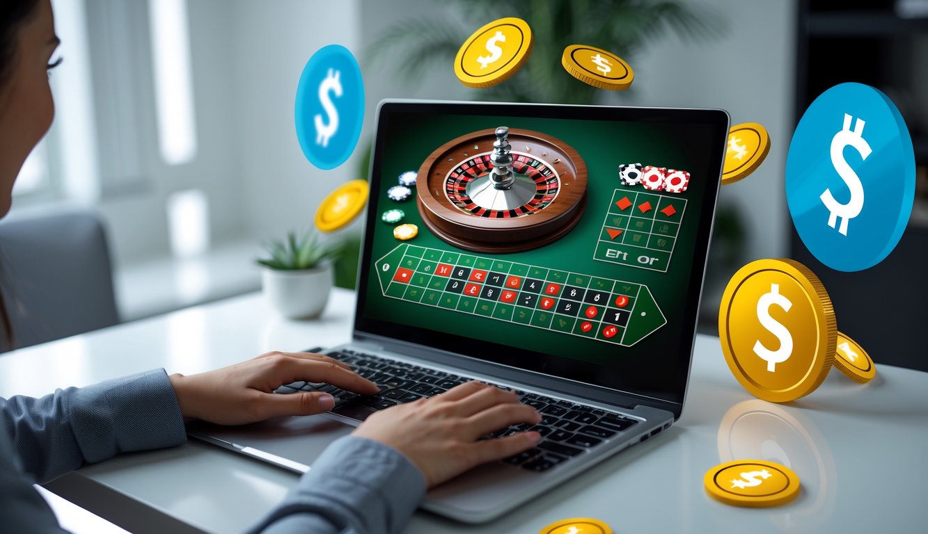 Seseorang bermain roulette online di depan komputer dengan tampilan roda roulette dan chip taruhan di layar.
