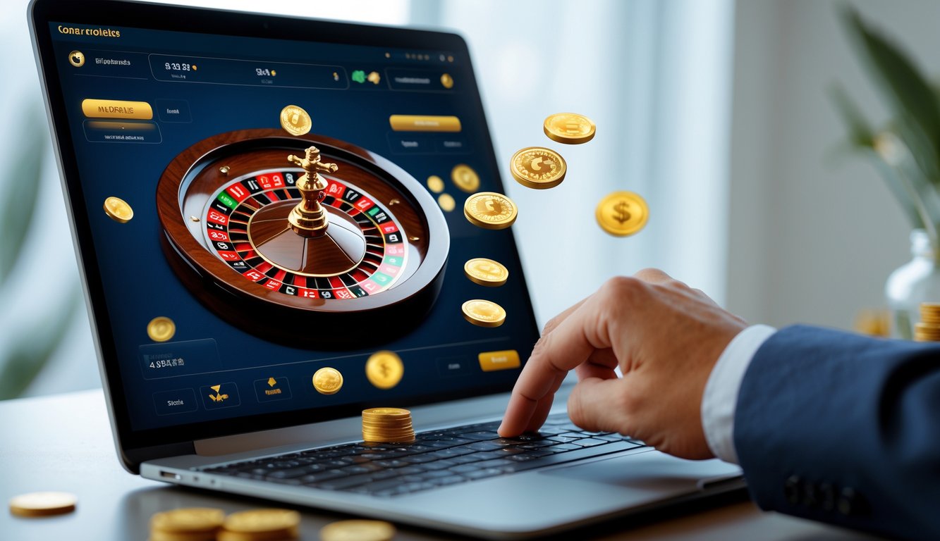 Tangan yang sedang meletakkan chip pada meja roulette digital di layar laptop dengan ikon koin cashback mengambang di sekitarnya.