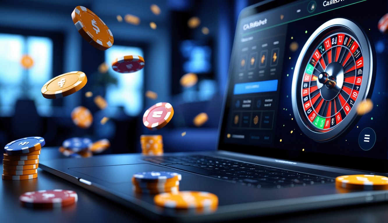 Seorang pengguna komputer sedang bermain roulette online dengan tampilan roda roulette digital dan chip kasino di layar.