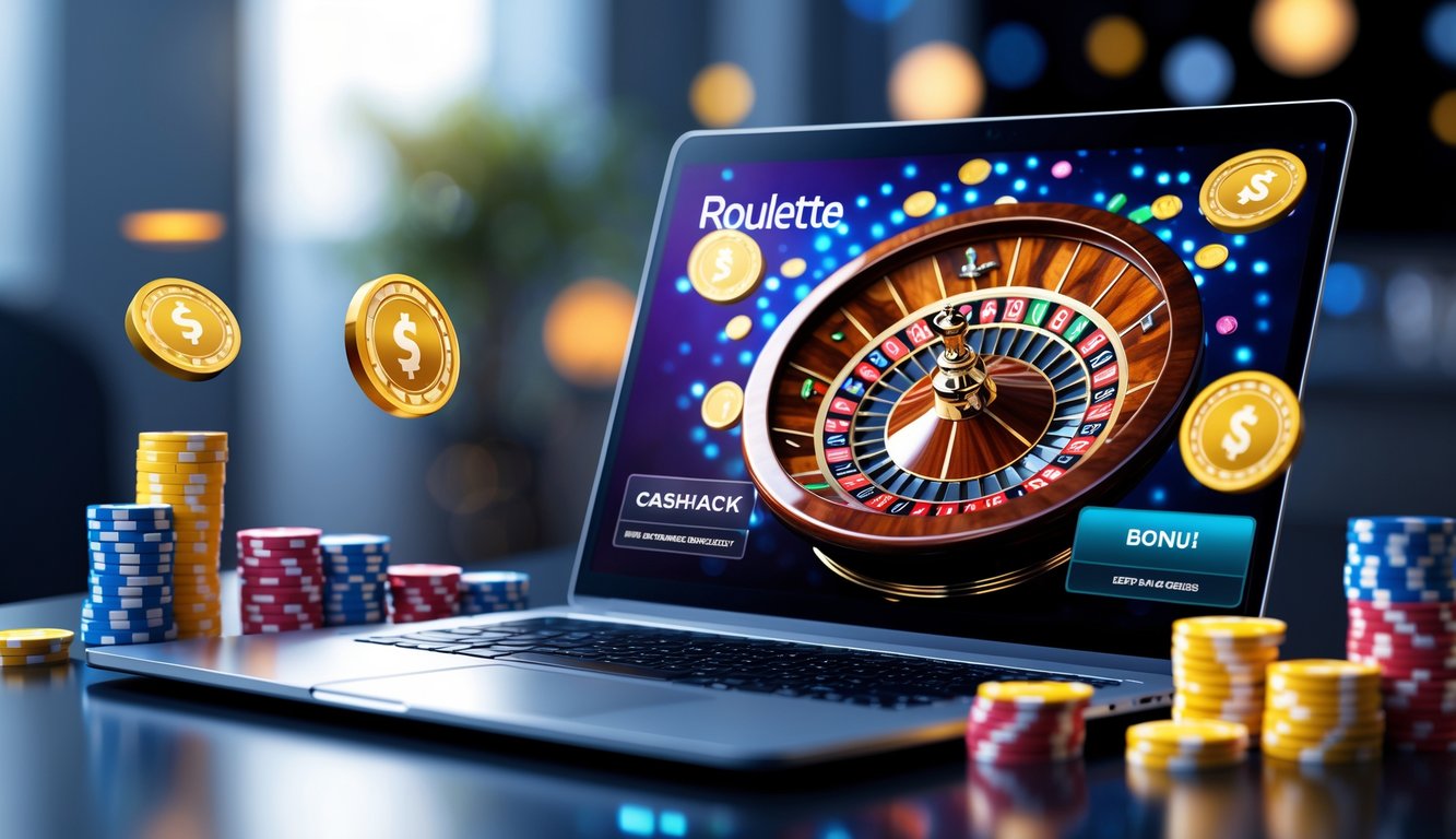 Sebuah meja dengan komputer menampilkan roda roulette berputar dan tumpukan chip kasino di sekitarnya.