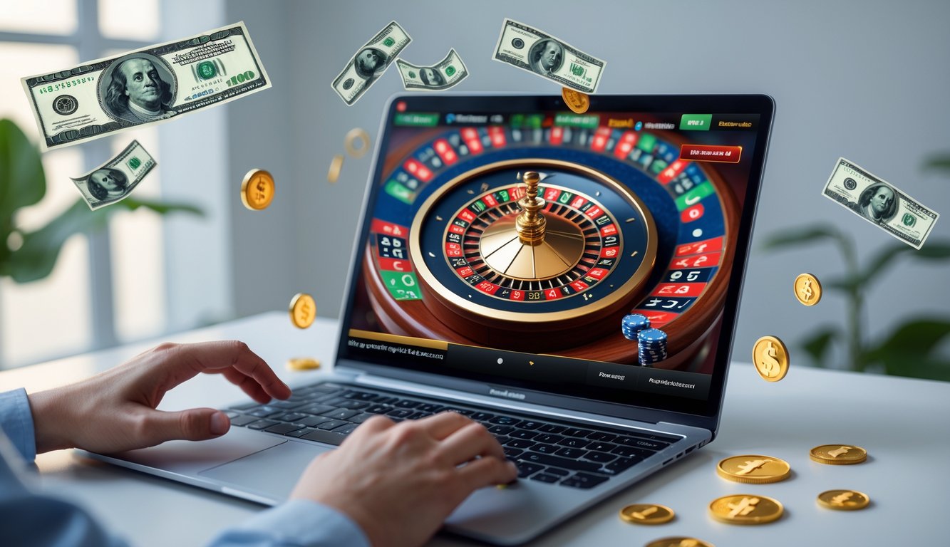 Seseorang menggunakan komputer untuk bermain roulette online dengan latar belakang uang dan koin yang melayang.