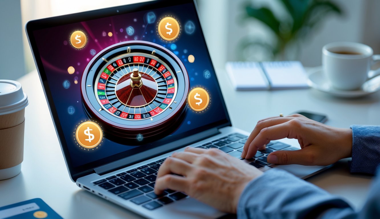 Seseorang menggunakan komputer dengan tampilan permainan roulette online dan ikon cashback di layar dalam suasana kerja yang profesional.